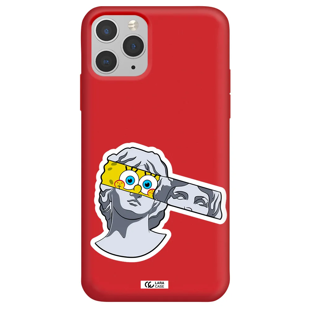 a cartoon of a statue with a yellow spongebob over its eyes Apple iPhone 11 pro max Silicone Imperial Red Case