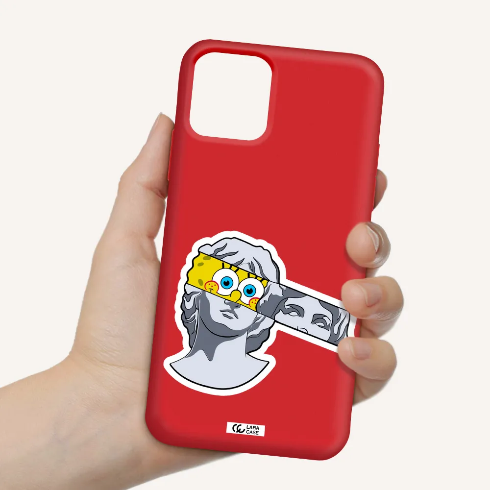 a cartoon of a statue with a yellow spongebob over its eyes Apple iPhone 11 pro max Silicone Imperial Red Case