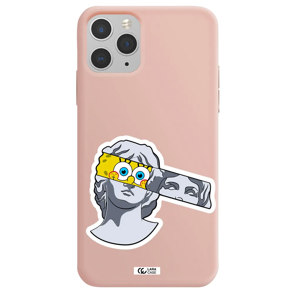 a cartoon of a statue with a yellow spongebob over its eyes Apple iPhone 11 pro max Silicone pastel pink Case