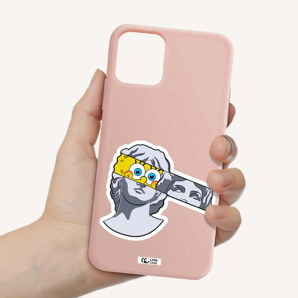 a cartoon of a statue with a yellow spongebob over its eyes Apple iPhone 11 pro max Silicone pastel pink Case