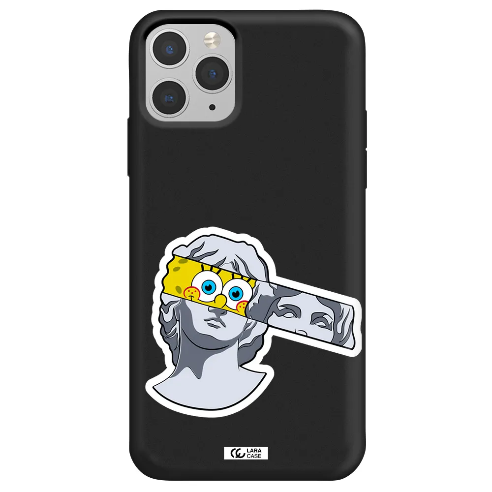 a cartoon of a statue with a yellow spongebob over its eyes Apple iPhone 11 pro Silicone black Case