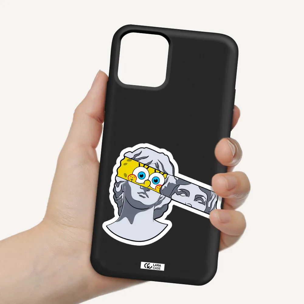 a cartoon of a statue with a yellow spongebob over its eyes Apple iPhone 11 pro Silicone black Case