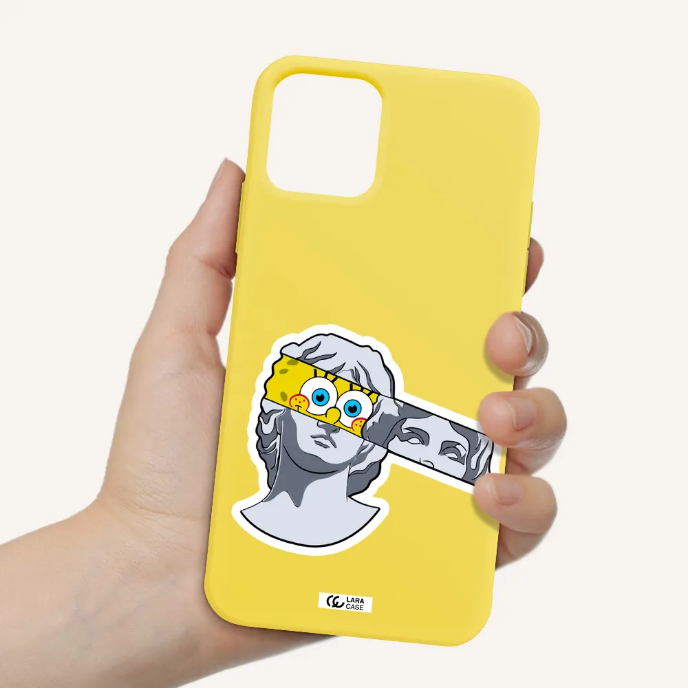 a cartoon of a statue with a yellow spongebob over its eyes Apple iPhone 11 pro Silicone canary yellow Case