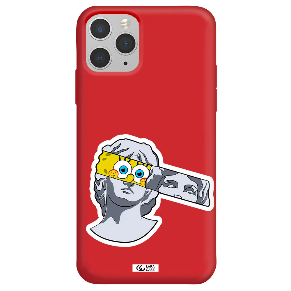 a cartoon of a statue with a yellow spongebob over its eyes Apple iPhone 11 pro Silicone Imperial Red Case