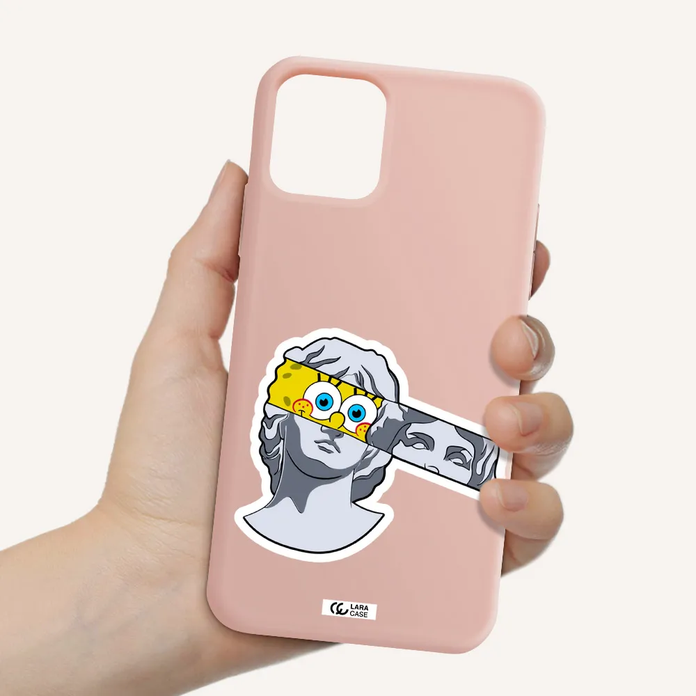 a cartoon of a statue with a yellow spongebob over its eyes Apple iPhone 11 pro Silicone pastel pink Case