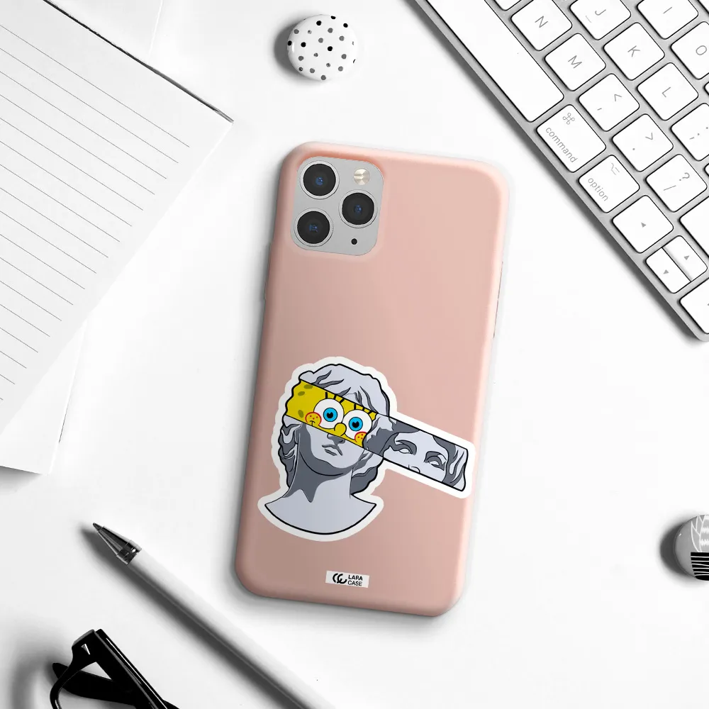 a cartoon of a statue with a yellow spongebob over its eyes Apple iPhone 11 pro Silicone pastel pink Case