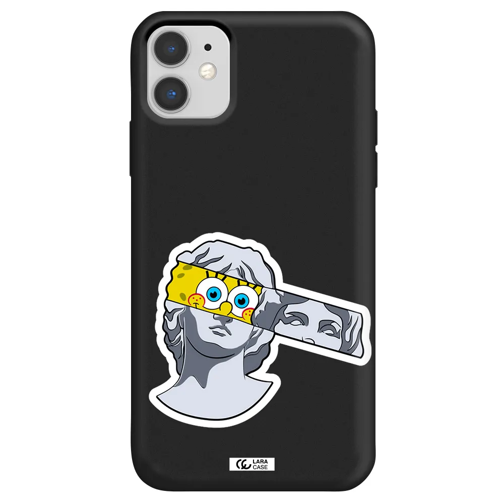 a cartoon of a statue with a yellow spongebob over its eyes Apple iPhone 11 Silicone black Case