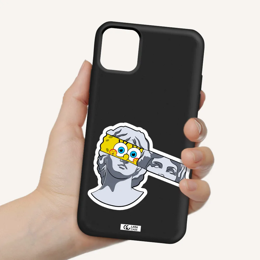 a cartoon of a statue with a yellow spongebob over its eyes Apple iPhone 11 Silicone black Case