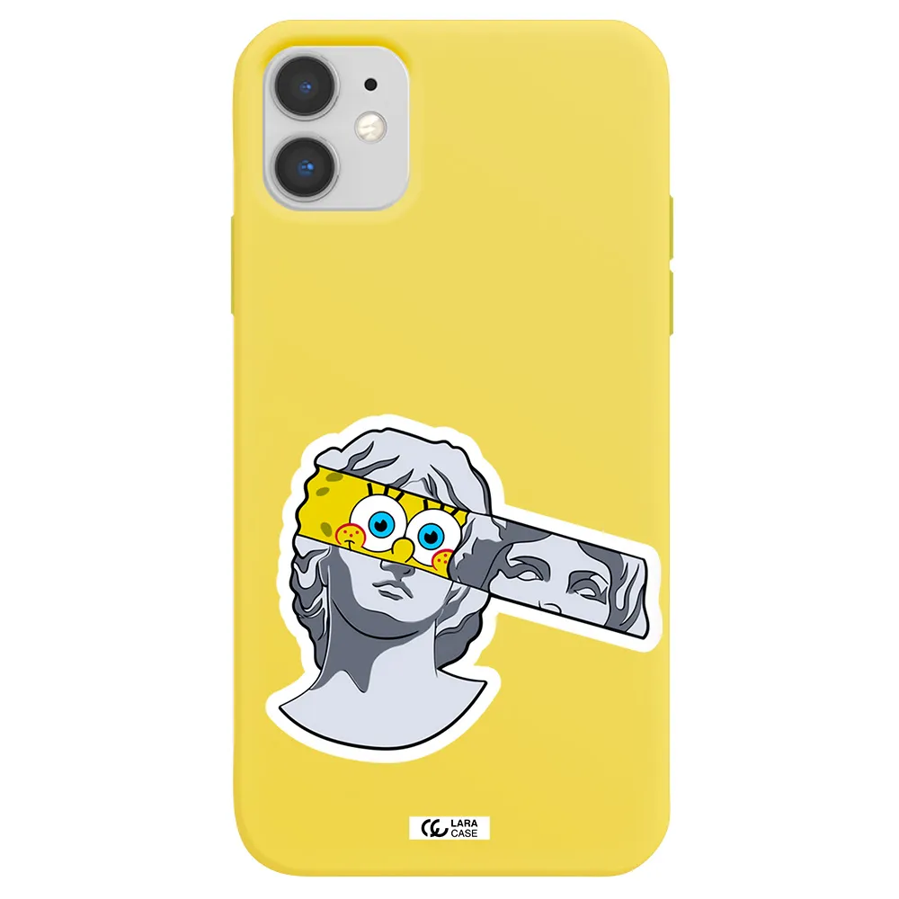 a cartoon of a statue with a yellow spongebob over its eyes Apple iPhone 11 Silicone canary yellow Case