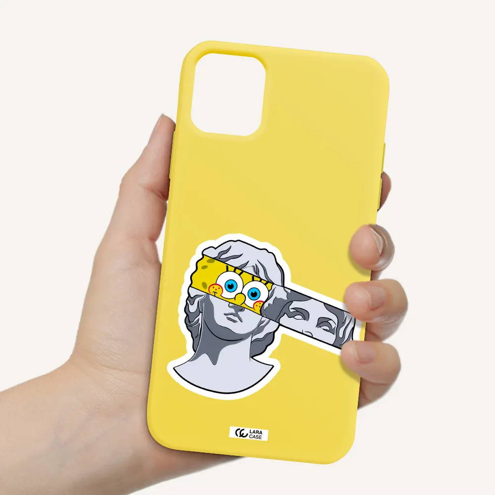 a cartoon of a statue with a yellow spongebob over its eyes Apple iPhone 11 Silicone canary yellow Case