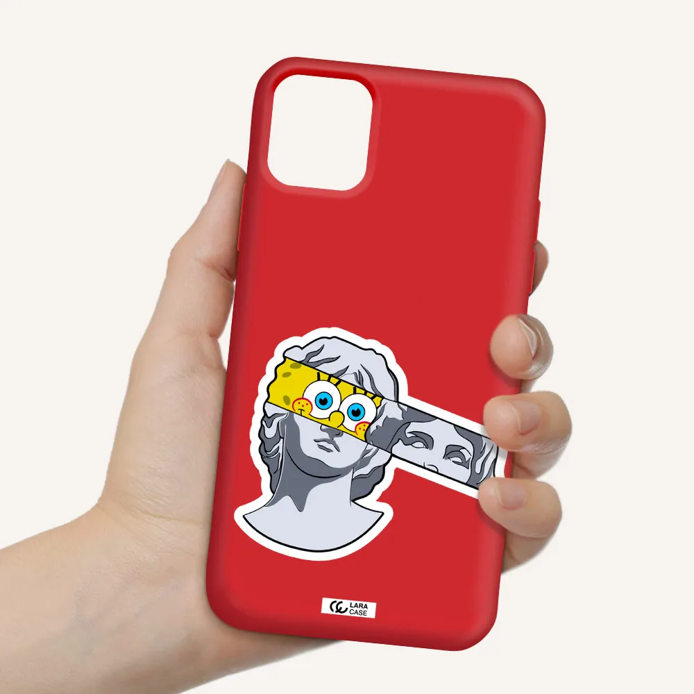 a cartoon of a statue with a yellow spongebob over its eyes Apple iPhone 11 Silicone Imperial Red Case