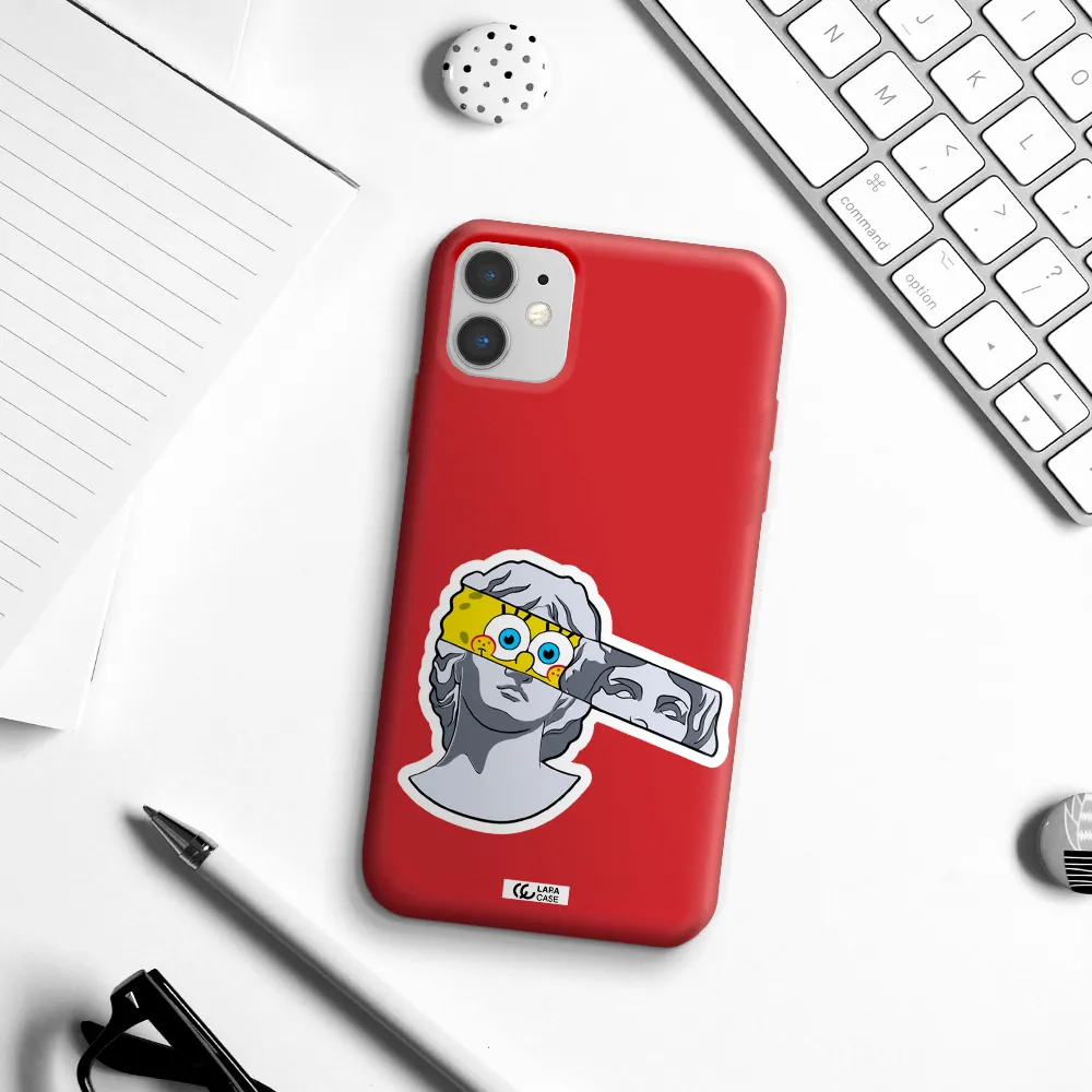 a cartoon of a statue with a yellow spongebob over its eyes Apple iPhone 11 Silicone Imperial Red Case