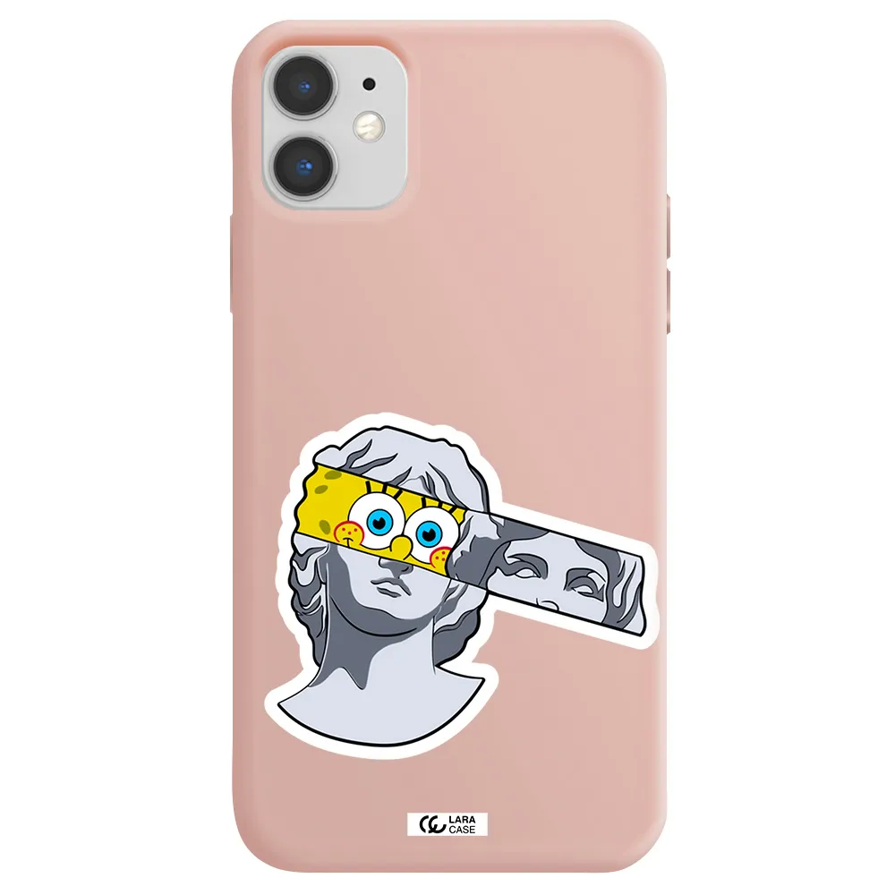 a cartoon of a statue with a yellow spongebob over its eyes Apple iPhone 11 Silicone pastel pink Case