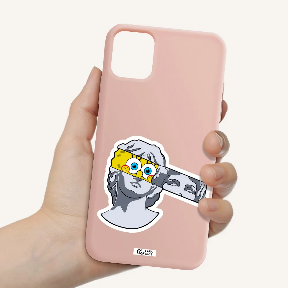 a cartoon of a statue with a yellow spongebob over its eyes Apple iPhone 11 Silicone pastel pink Case
