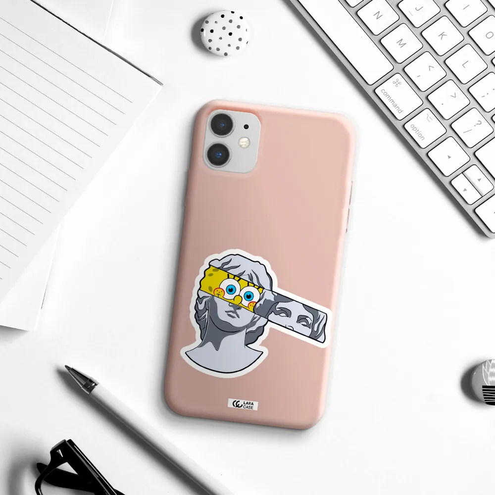 a cartoon of a statue with a yellow spongebob over its eyes Apple iPhone 11 Silicone pastel pink Case