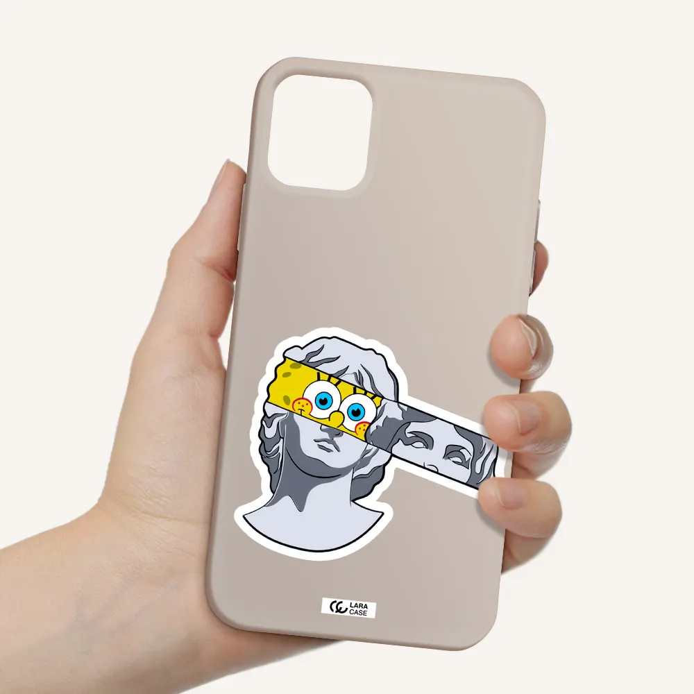 a cartoon of a statue with a yellow spongebob over its eyes Apple iPhone 11 Silicone Stone Case