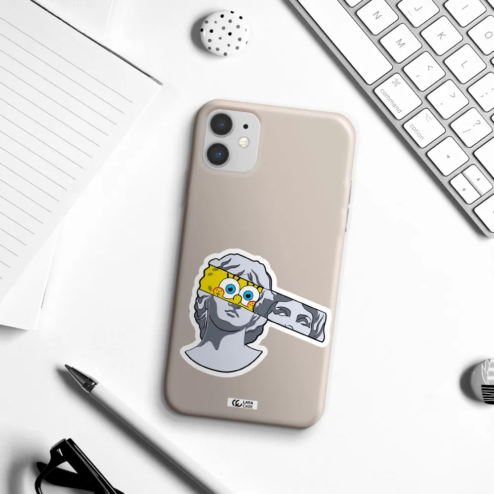 a cartoon of a statue with a yellow spongebob over its eyes Apple iPhone 11 Silicone Stone Case