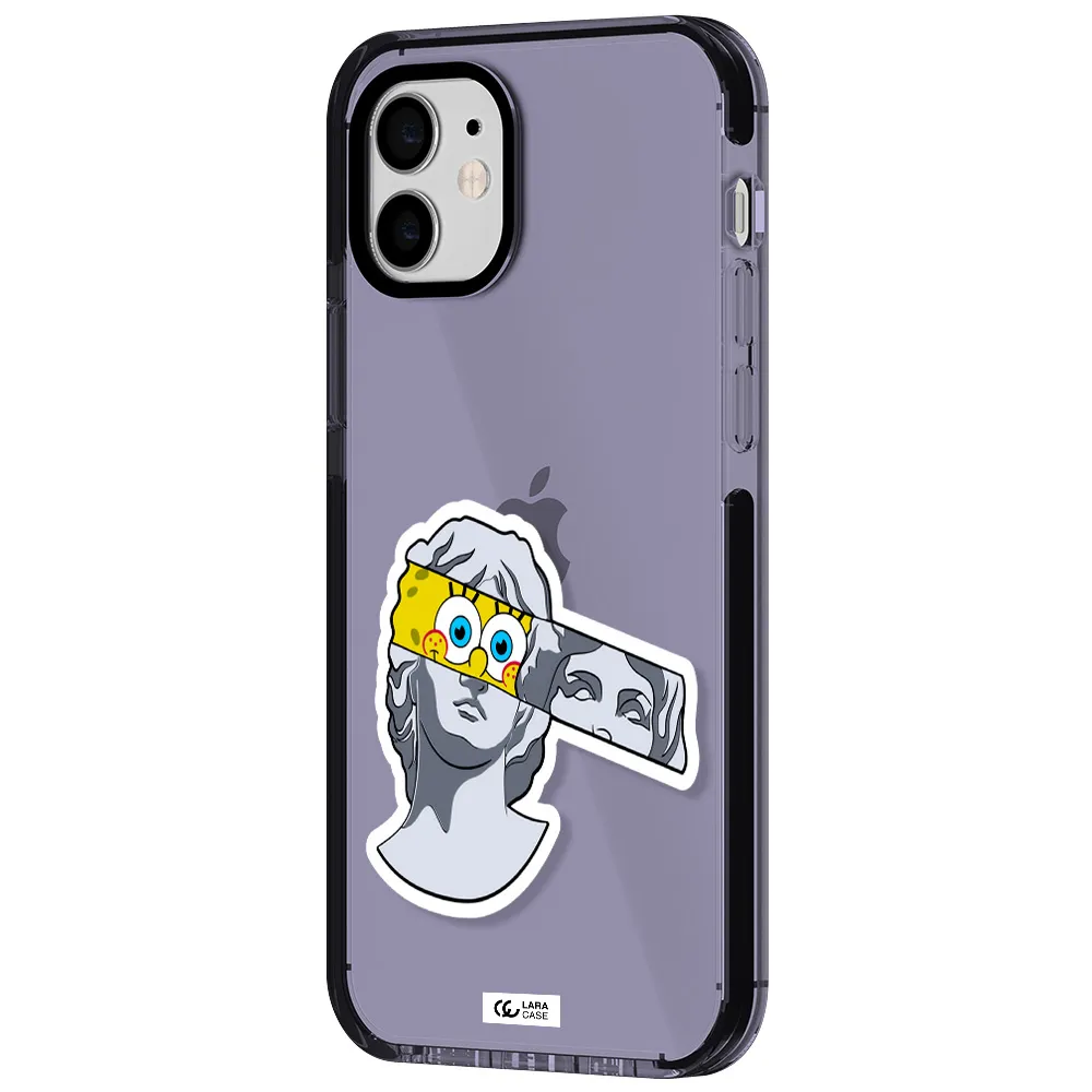 a cartoon of a statue with a yellow spongebob over its eyes Apple iPhone 12 impact Lilac Case