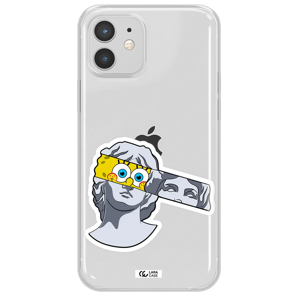 a cartoon of a statue with a yellow spongebob over its eyes Apple iPhone 12 mini Clear TPU Case