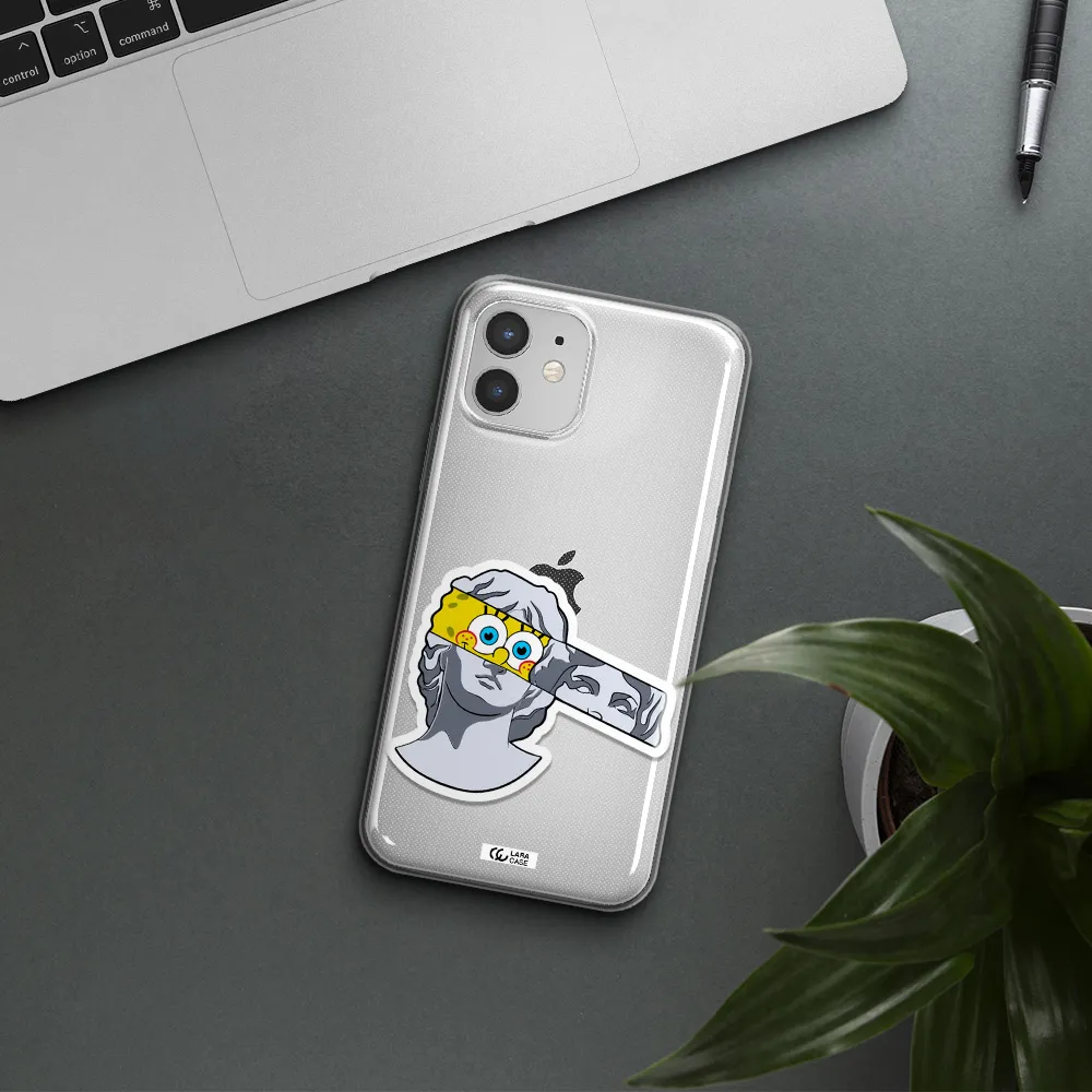 a cartoon of a statue with a yellow spongebob over its eyes Apple iPhone 12 mini Clear TPU Case