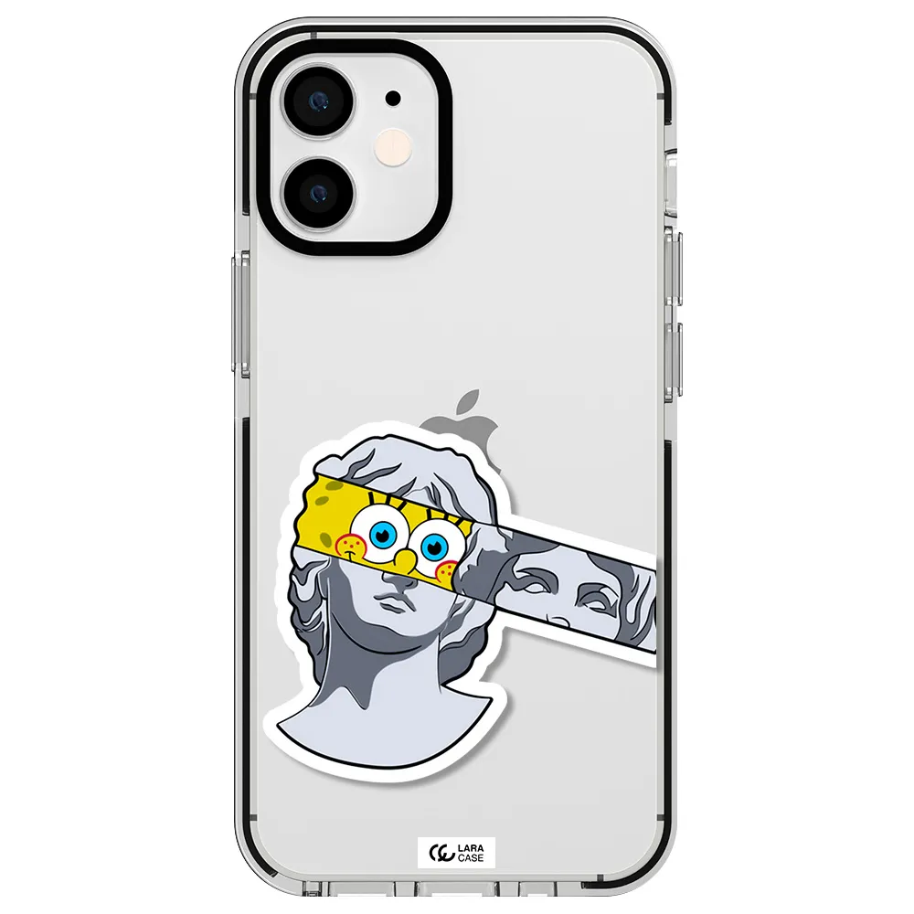 a cartoon of a statue with a yellow spongebob over its eyes Apple iPhone 12 mini impact black border Case