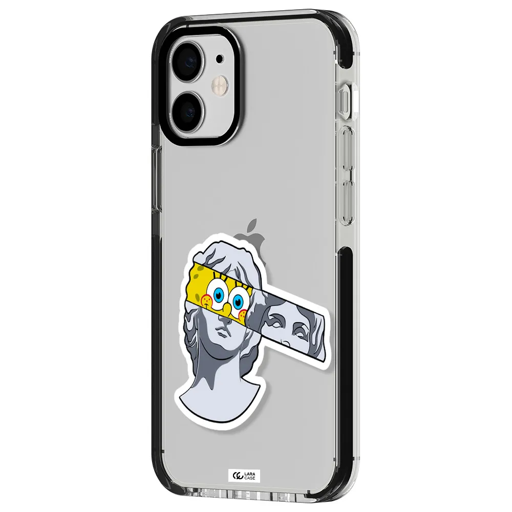 a cartoon of a statue with a yellow spongebob over its eyes Apple iPhone 12 mini impact black border Case