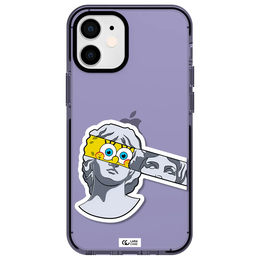 a cartoon of a statue with a yellow spongebob over its eyes Apple iPhone 12 mini impact Lilac Case