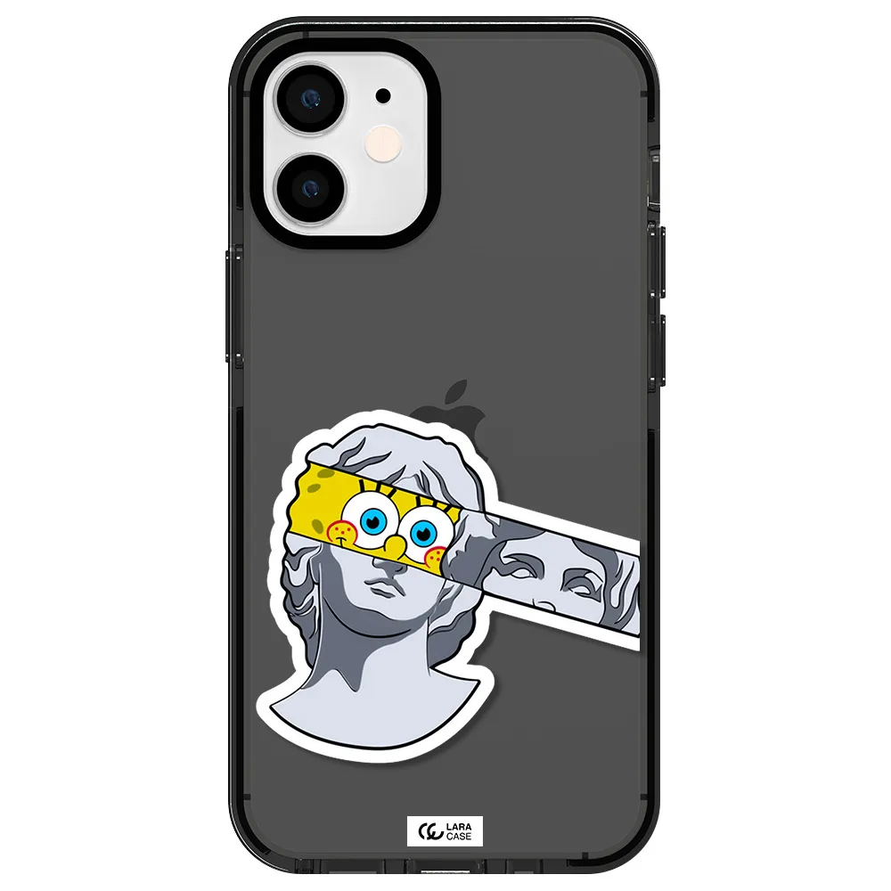 a cartoon of a statue with a yellow spongebob over its eyes Apple iPhone 12 mini impact Smoke Black Case