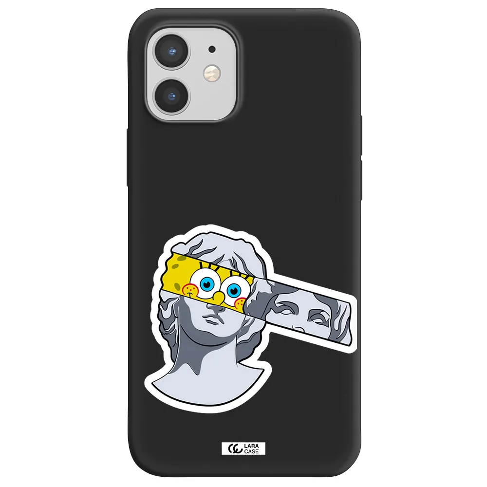 a cartoon of a statue with a yellow spongebob over its eyes Apple iPhone 12 mini Silicone black Case