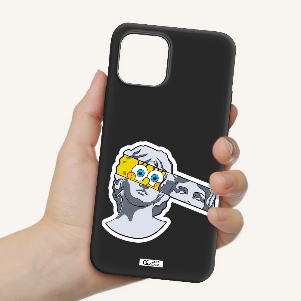 a cartoon of a statue with a yellow spongebob over its eyes Apple iPhone 12 mini Silicone black Case