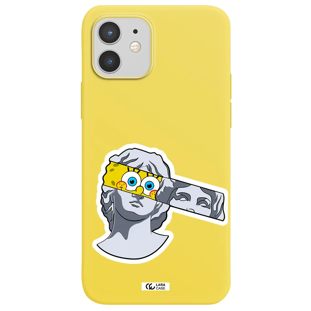 a cartoon of a statue with a yellow spongebob over its eyes Apple iPhone 12 mini Silicone canary yellow Case