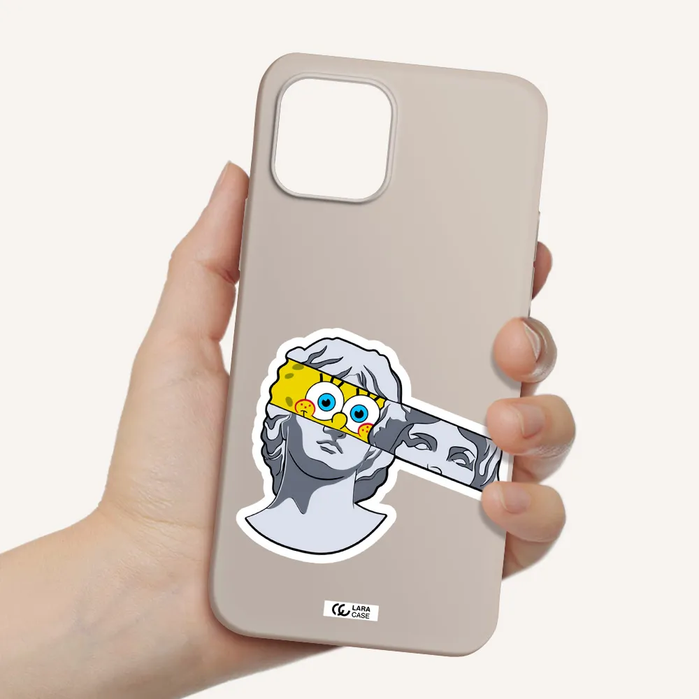 a cartoon of a statue with a yellow spongebob over its eyes Apple iPhone 12 mini Silicone Stone Case