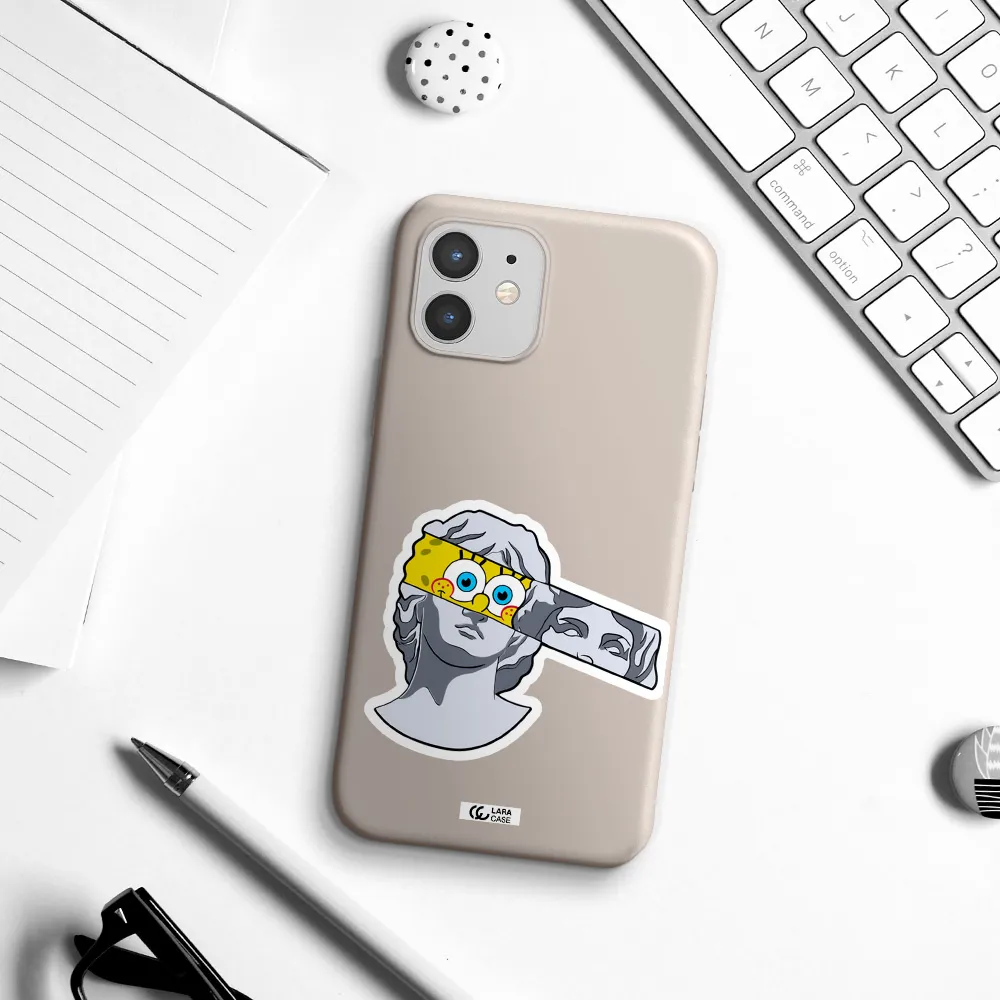 a cartoon of a statue with a yellow spongebob over its eyes Apple iPhone 12 mini Silicone Stone Case