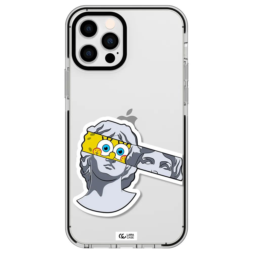 a cartoon of a statue with a yellow spongebob over its eyes Apple iPhone 12 pro impact black border Case
