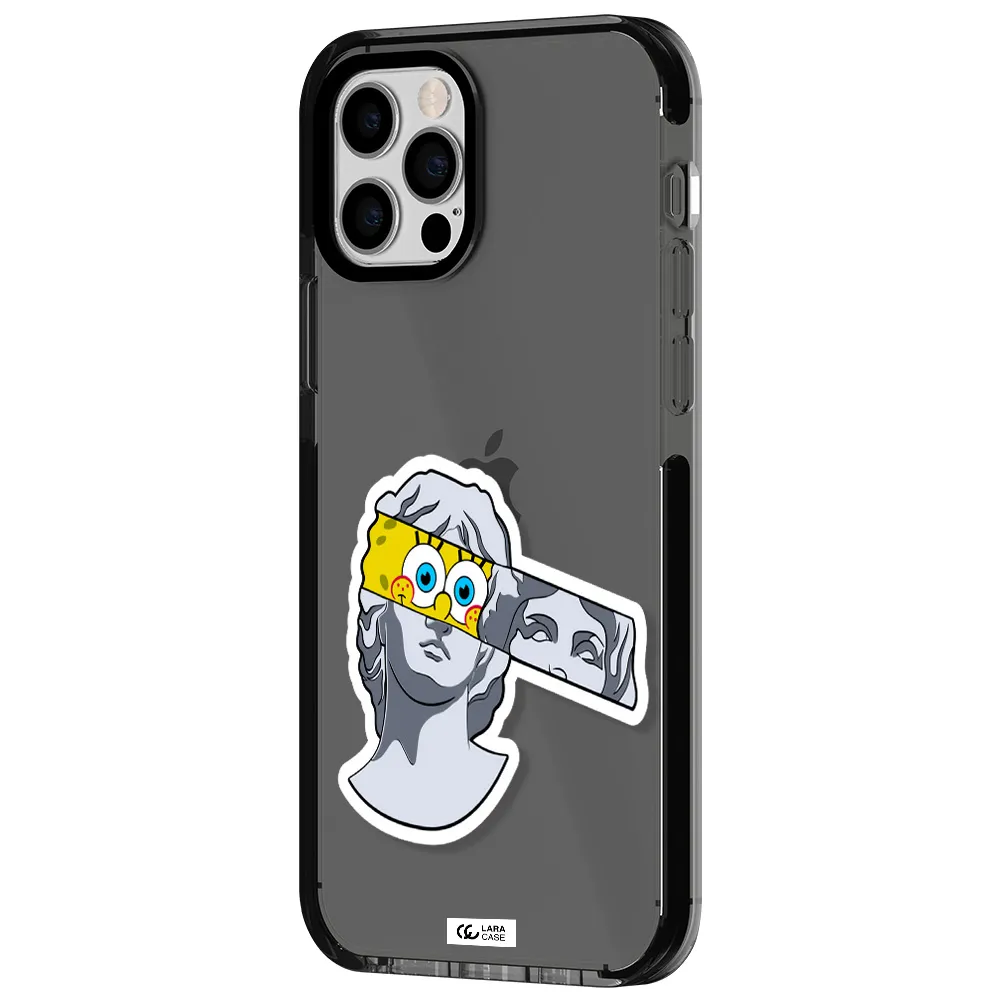 a cartoon of a statue with a yellow spongebob over its eyes Apple iPhone 12 pro impact Smoke Black Case