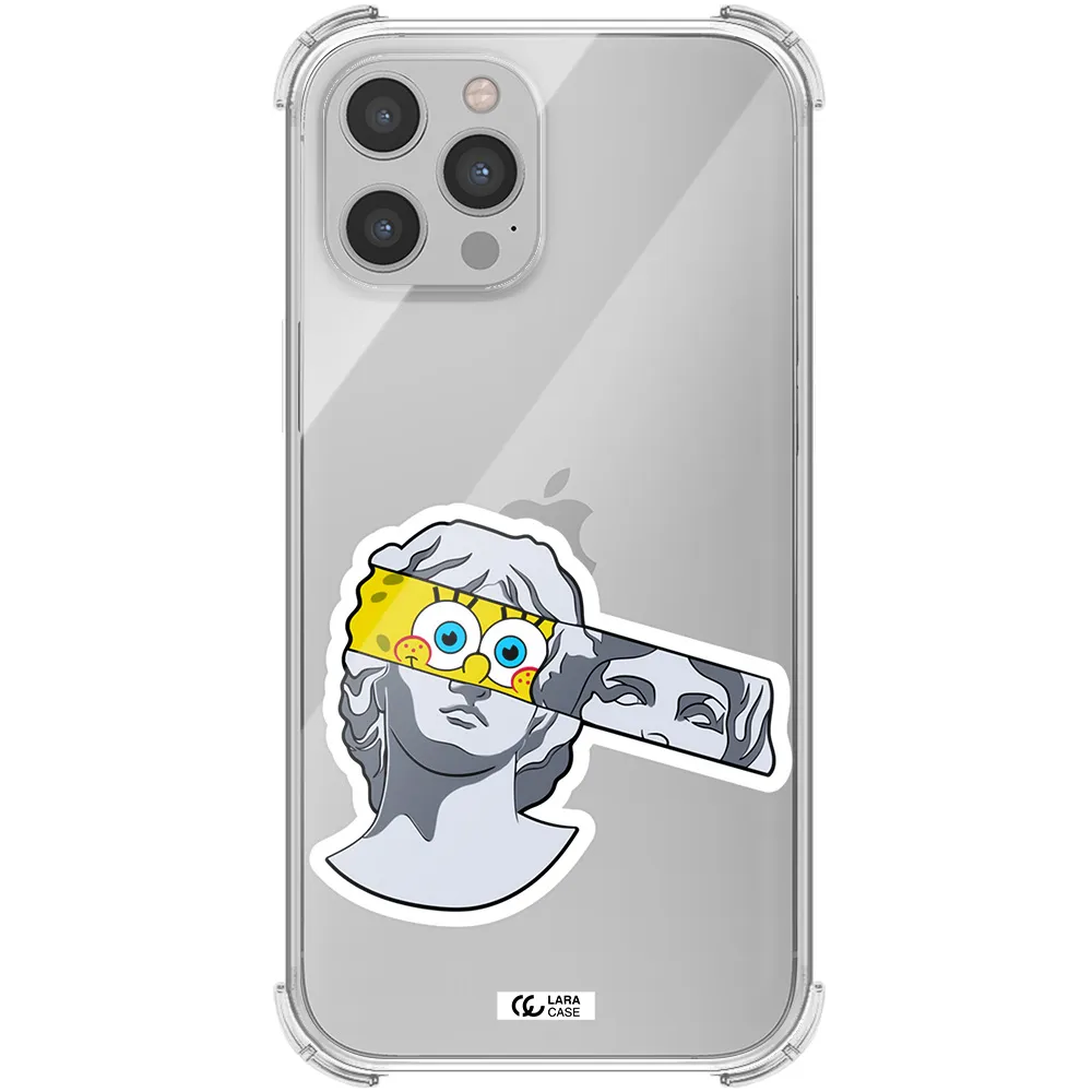 a cartoon of a statue with a yellow spongebob over its eyes Apple iPhone 12 pro max Clear PC Case