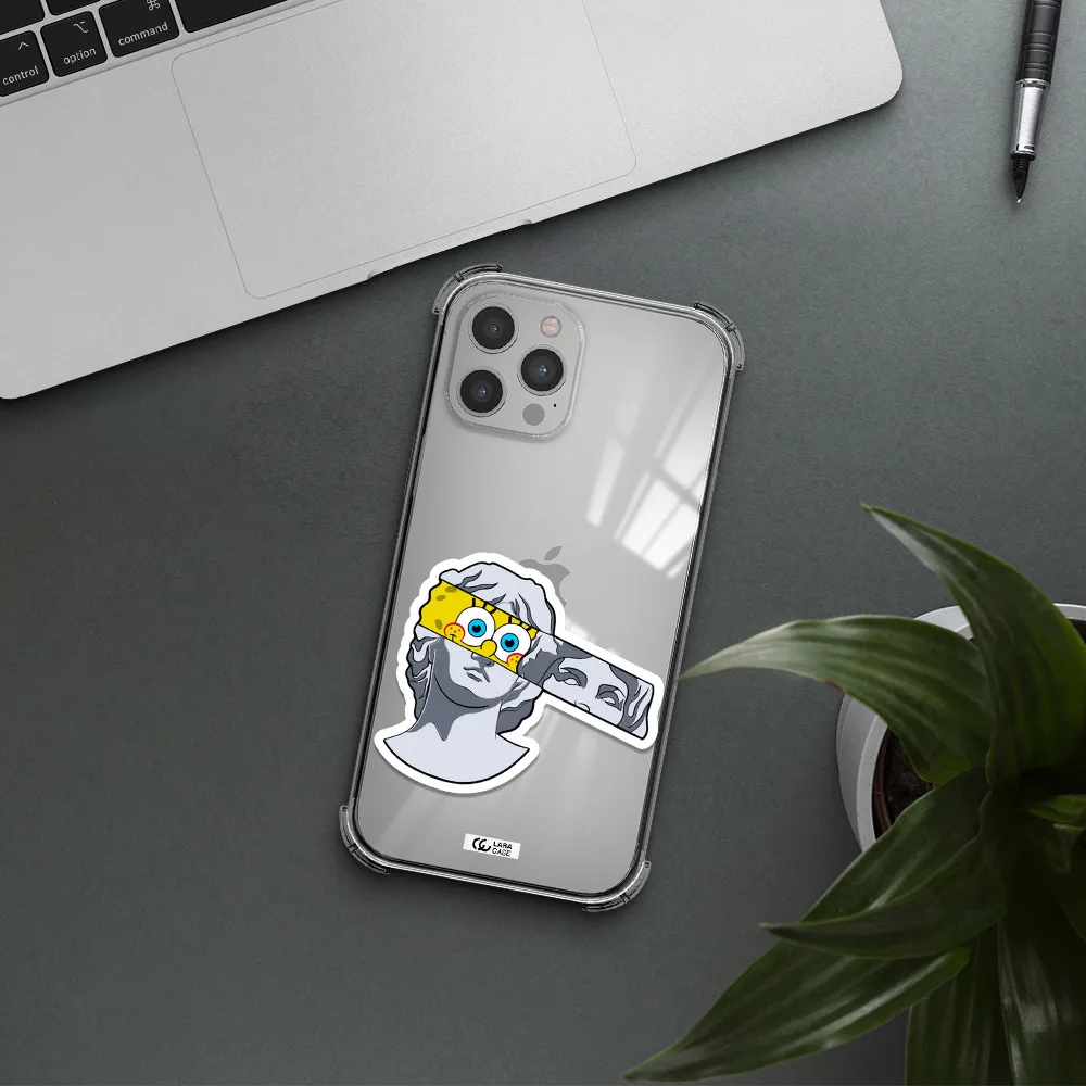 a cartoon of a statue with a yellow spongebob over its eyes Apple iPhone 12 pro max Clear PC Case