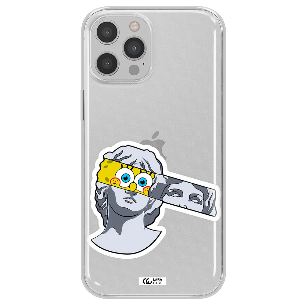 a cartoon of a statue with a yellow spongebob over its eyes Apple iPhone 12 pro max Clear TPU Case