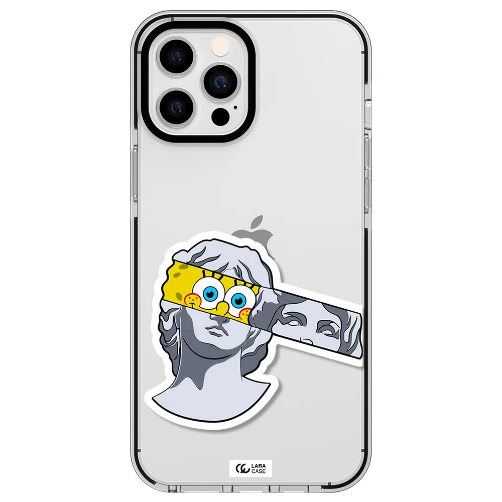 a cartoon of a statue with a yellow spongebob over its eyes Apple iPhone 12 pro max impact black border Case