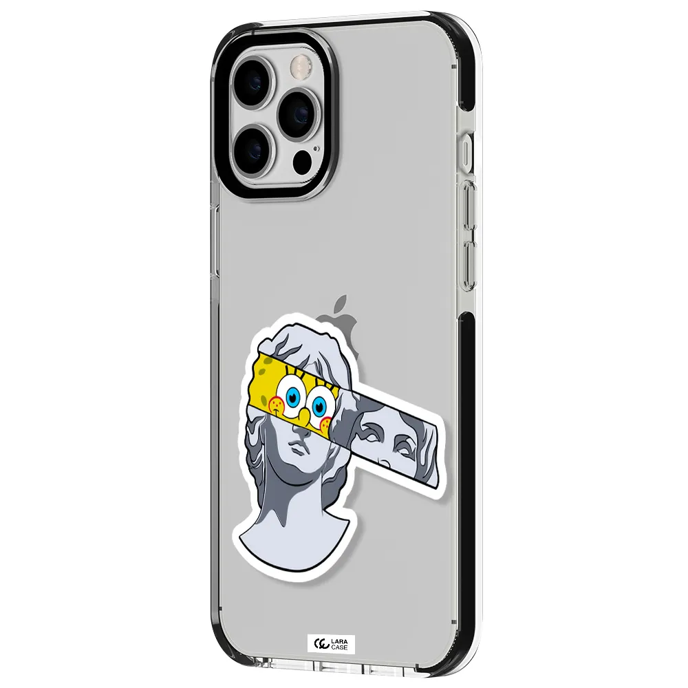 a cartoon of a statue with a yellow spongebob over its eyes Apple iPhone 12 pro max impact black border Case