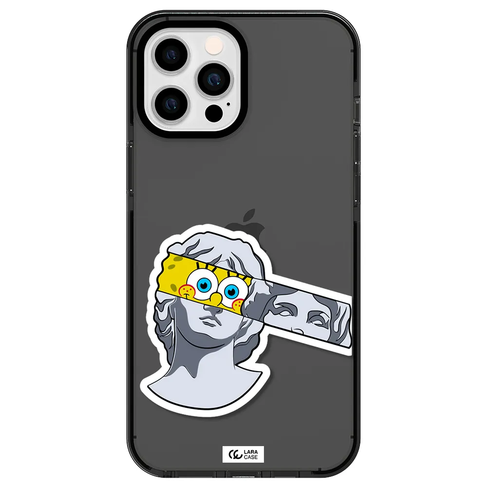 a cartoon of a statue with a yellow spongebob over its eyes Apple iPhone 12 pro max impact Smoke Black Case