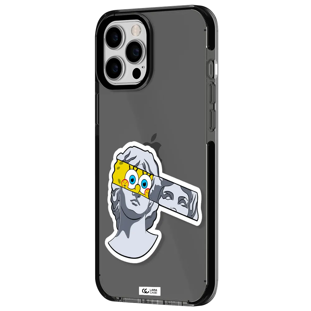 a cartoon of a statue with a yellow spongebob over its eyes Apple iPhone 12 pro max impact Smoke Black Case