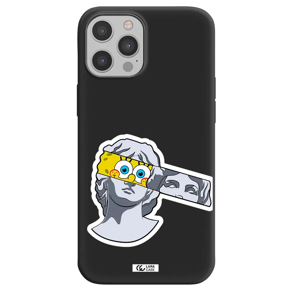 a cartoon of a statue with a yellow spongebob over its eyes Apple iPhone 12 pro max Silicone black Case