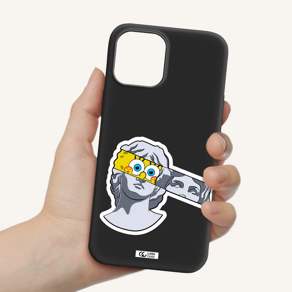 a cartoon of a statue with a yellow spongebob over its eyes Apple iPhone 12 pro max Silicone black Case