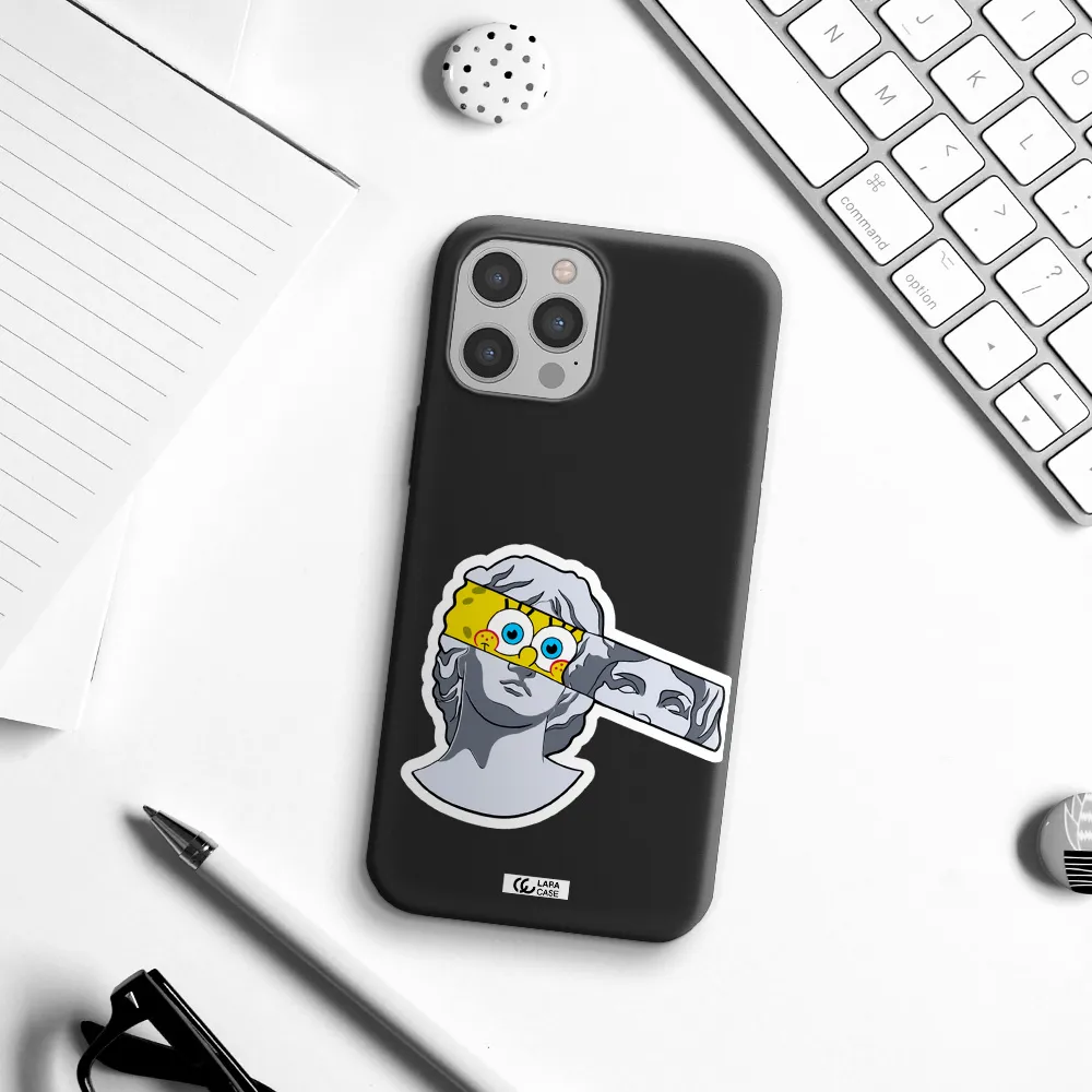 a cartoon of a statue with a yellow spongebob over its eyes Apple iPhone 12 pro max Silicone black Case