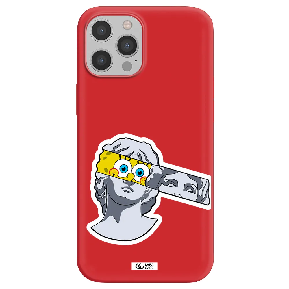 a cartoon of a statue with a yellow spongebob over its eyes Apple iPhone 12 pro max Silicone Imperial Red Case