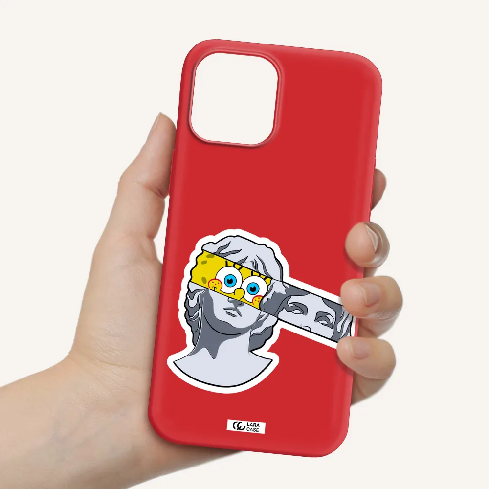 a cartoon of a statue with a yellow spongebob over its eyes Apple iPhone 12 pro max Silicone Imperial Red Case