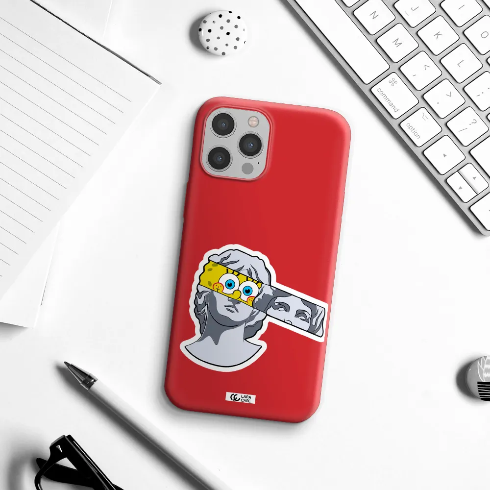 a cartoon of a statue with a yellow spongebob over its eyes Apple iPhone 12 pro max Silicone Imperial Red Case