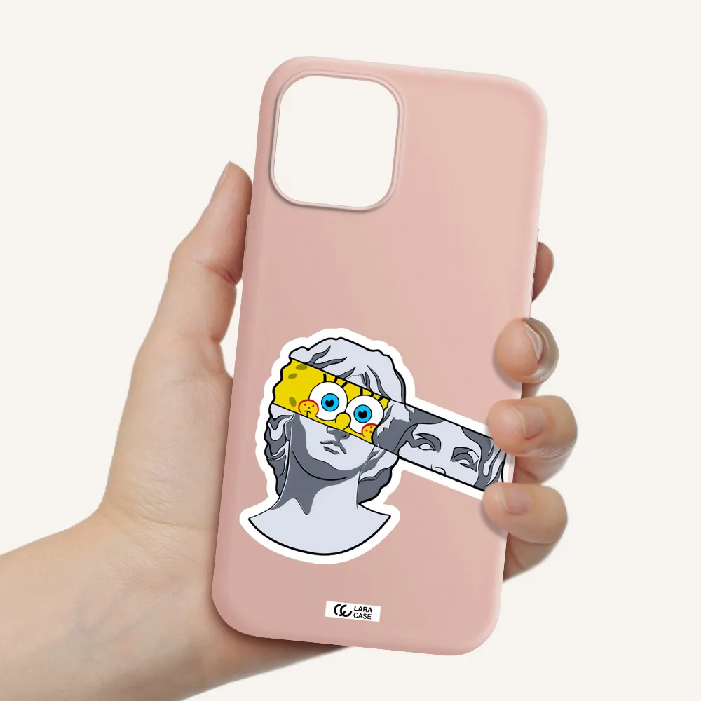 a cartoon of a statue with a yellow spongebob over its eyes Apple iPhone 12 pro max Silicone pastel pink Case