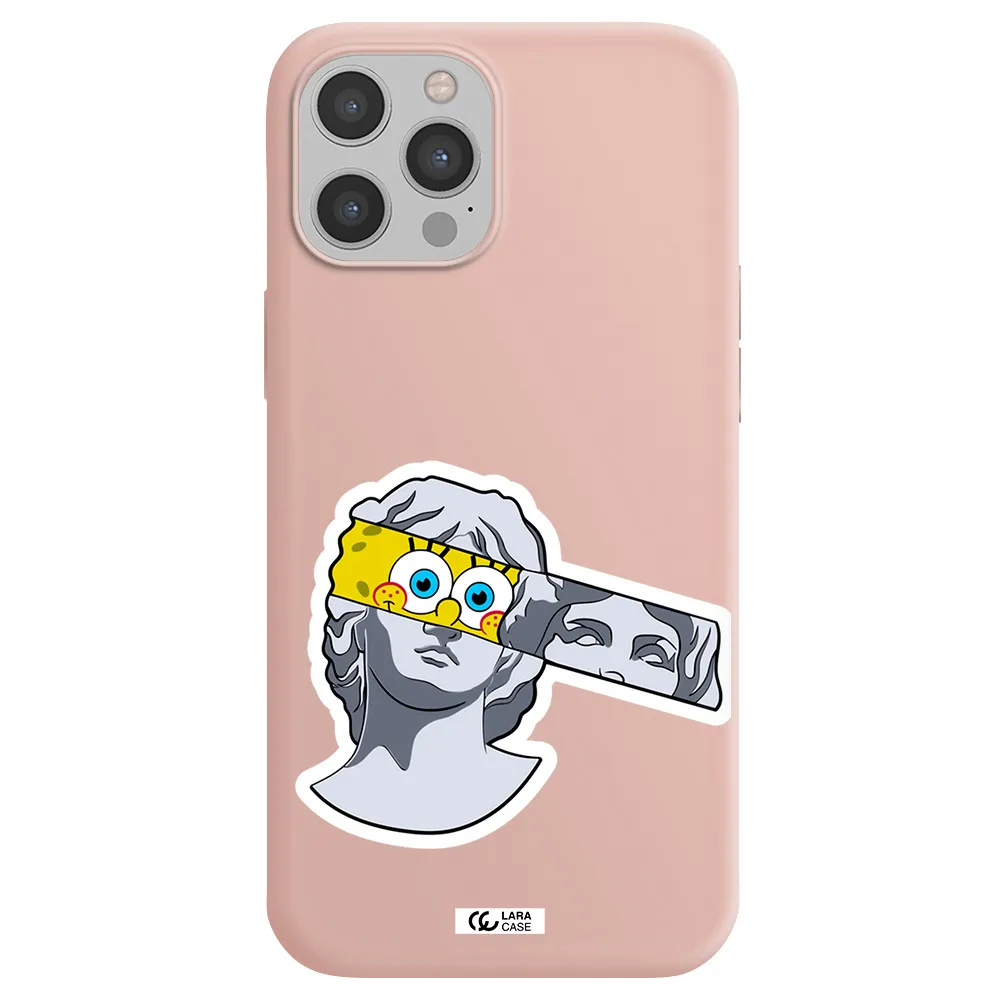 a cartoon of a statue with a yellow spongebob over its eyes Apple iPhone 12 pro Silicone pastel pink Case
